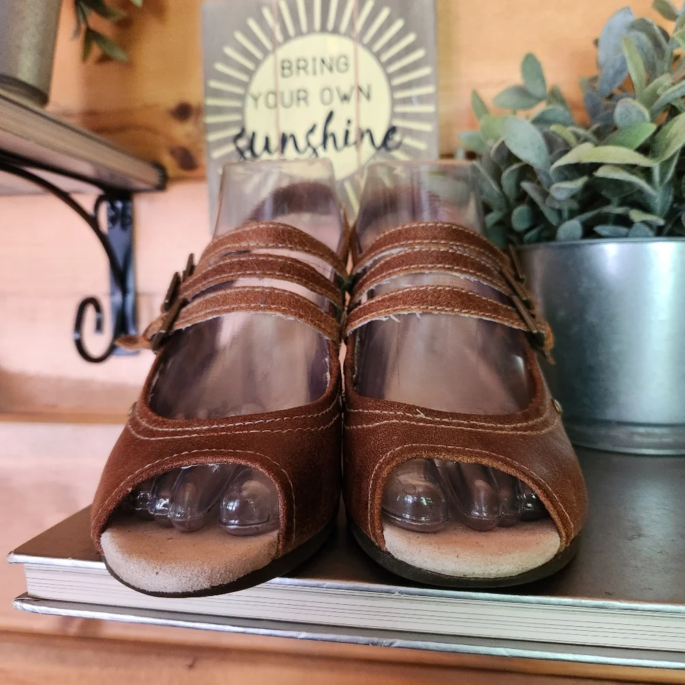Caterpillar CAT Brown Leather Slingback Mary Jane Wedge Heel‎ Sandals Peep Toe 6